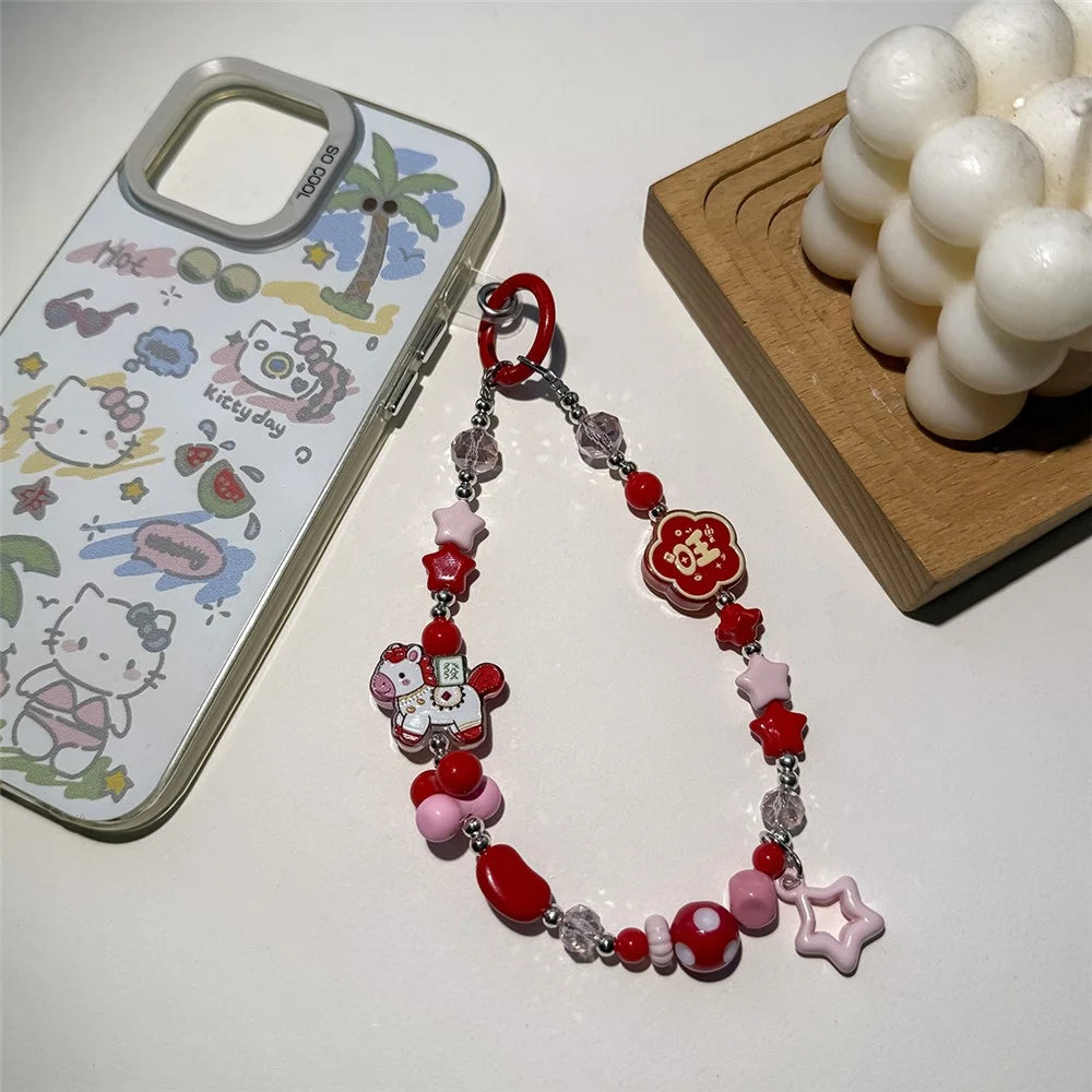 A1190 30cm Phone Lanyard Lucky Fortune Cartoon Horse Crystal Star Beaded Wrist Strap Charms with Removable Blank White Card - Pink - 4