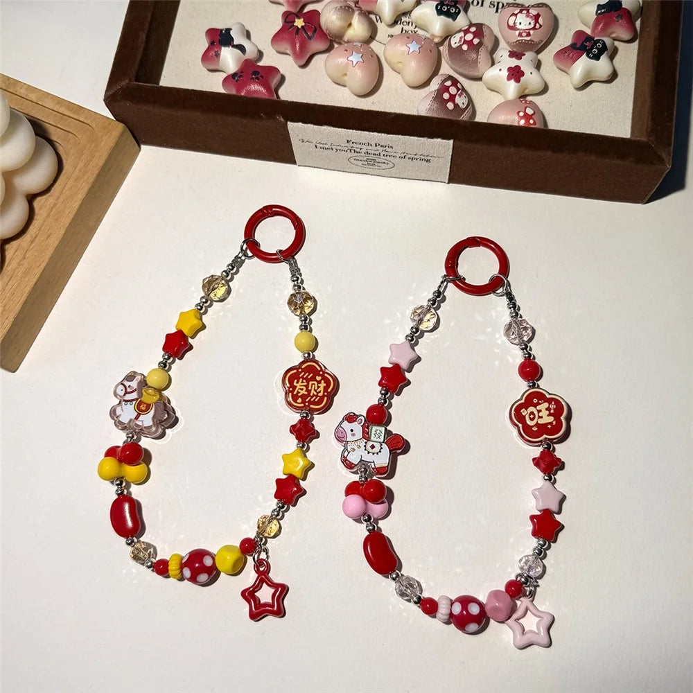 A1190 30cm Phone Lanyard Lucky Fortune Cartoon Horse Crystal Star Beaded Wrist Strap Charms with Removable Blank White Card - Pink - 6