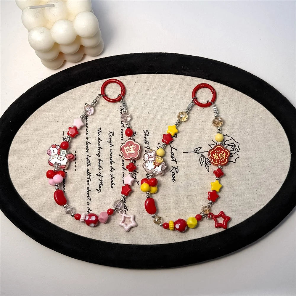 A1190 30cm Phone Lanyard Lucky Fortune Cartoon Horse Crystal Star Beaded Wrist Strap Charms with Removable Blank White Card - Pink - 7