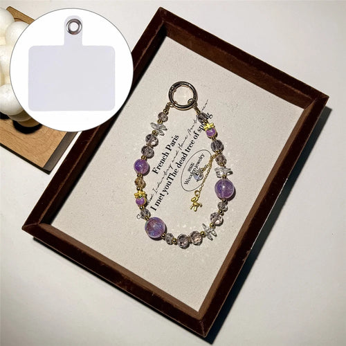 A1193 30cm Phone Lanyard Golden Foil Beaded Charm Handmade Crystal Keychain Hanging Strap with Removable Blank White Card - Purple - 1