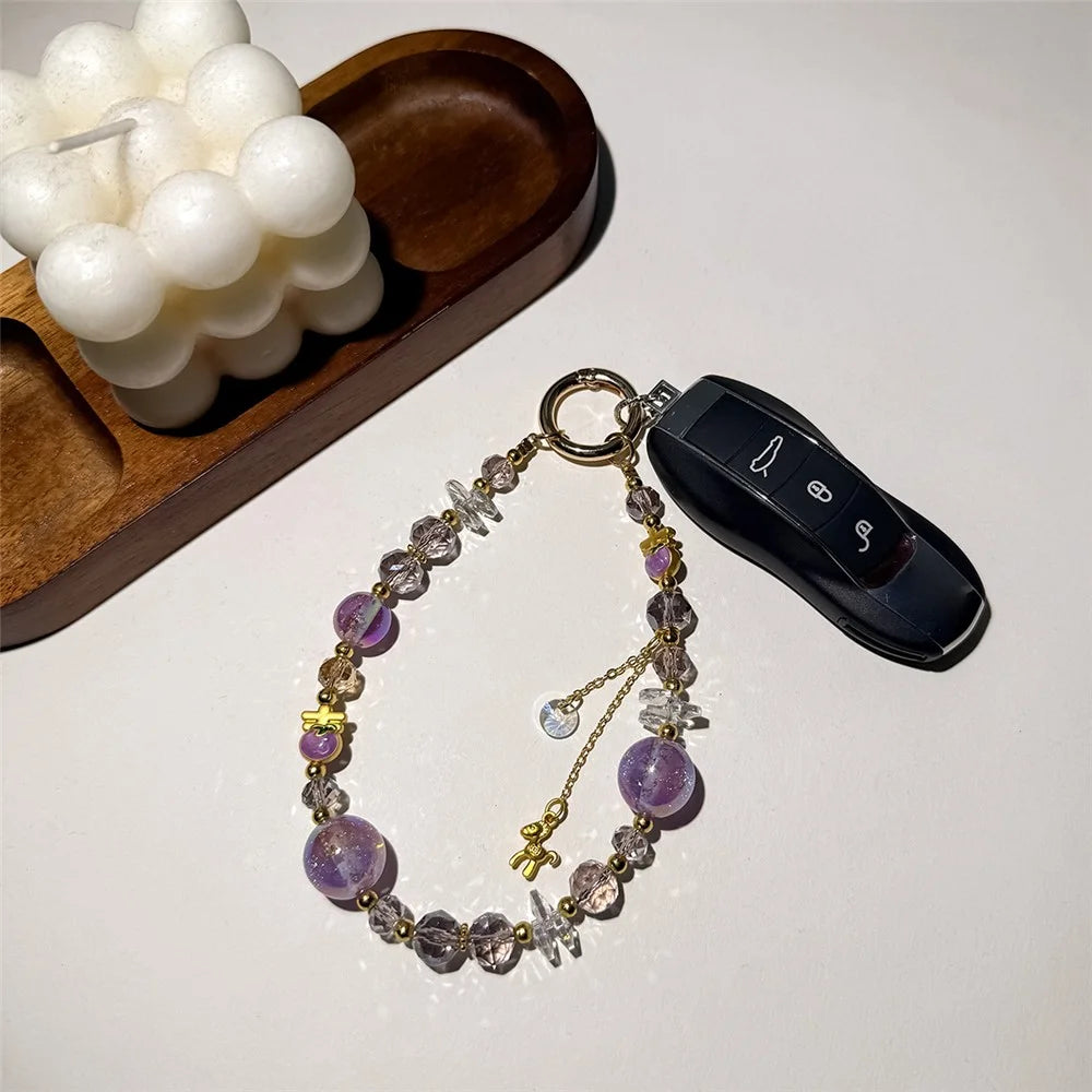 A1193 30cm Phone Lanyard Golden Foil Beaded Charm Handmade Crystal Keychain Hanging Strap with Removable Blank White Card - Purple - 2