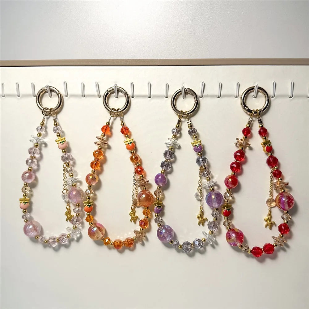 A1193 30cm Phone Lanyard Golden Foil Beaded Charm Handmade Crystal Keychain Hanging Strap with Removable Blank White Card - Purple - 3