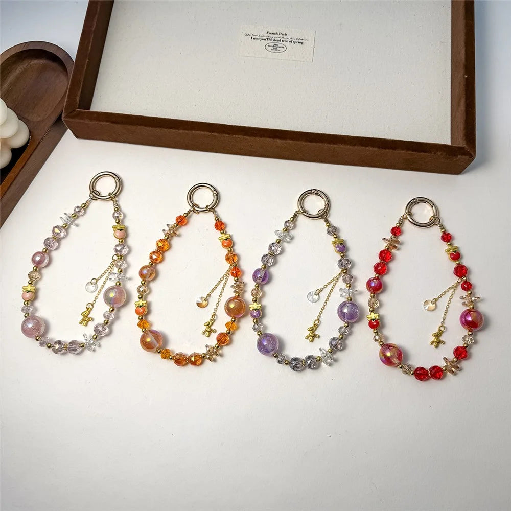 A1193 30cm Phone Lanyard Golden Foil Beaded Charm Handmade Crystal Keychain Hanging Strap with Removable Blank White Card - Purple - 4