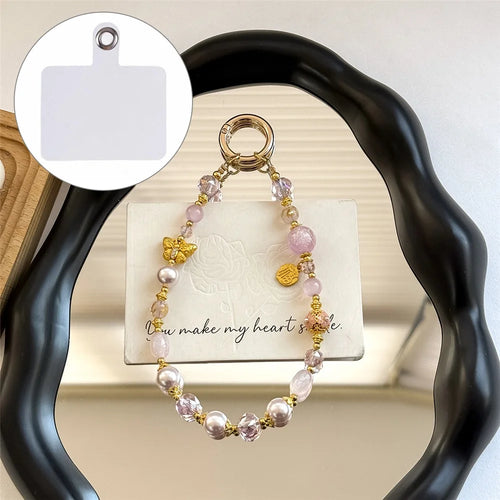 A1194 30cm Phone Strap Crystal Butterfly Charm Beaded Chain Wrist Lanyard with Removable Blank White Card Phone Accessory - Pink - 1