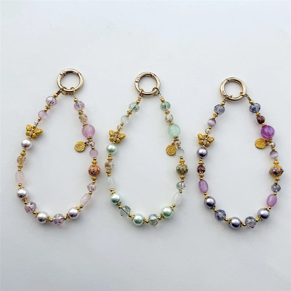 A1194 30cm Phone Strap Crystal Butterfly Charm Beaded Chain Wrist Lanyard with Removable Blank White Card Phone Accessory - Pink - 3