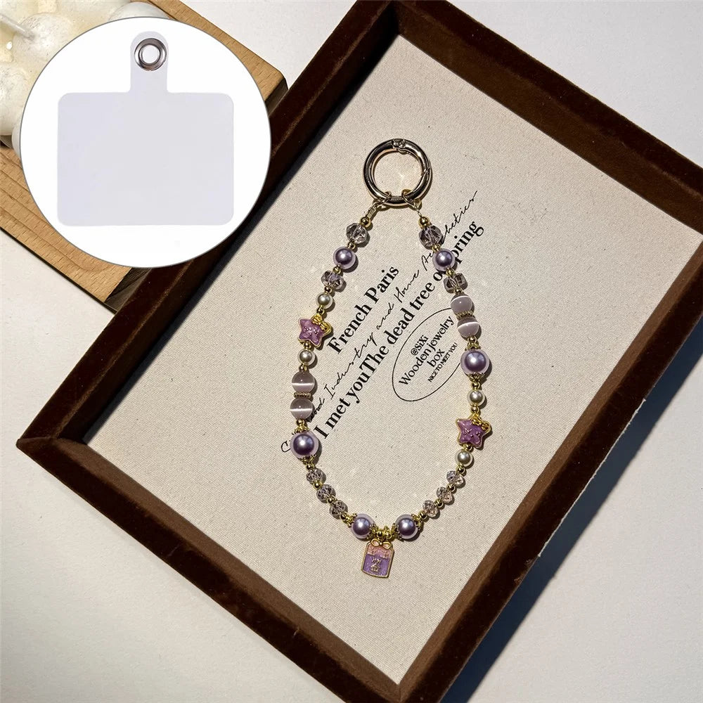 A1195 30cm Phone Lanyard Crystal Pearl Cat Eye Stone Star Beaded Chain Charm Strap with Removable Blank White Card Mobile Accessories - Purple - 1
