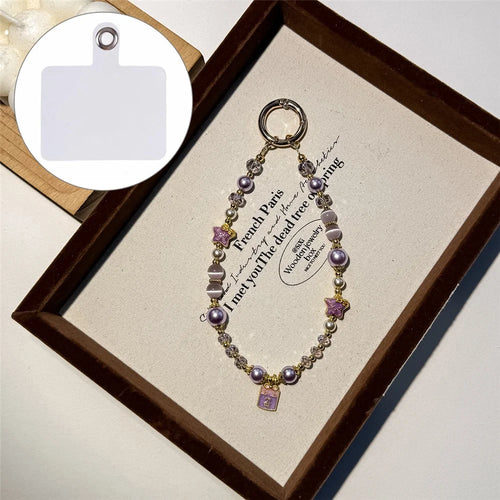 A1195 30cm Phone Lanyard Crystal Pearl Cat Eye Stone Star Beaded Chain Charm Strap with Removable Blank White Card Mobile Accessories - Purple - 1