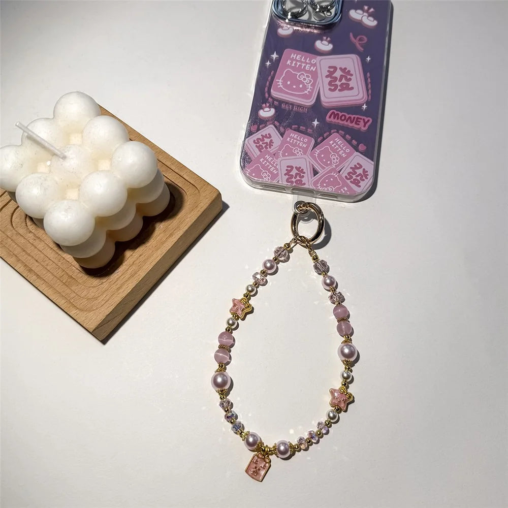 A1195 30cm Phone Lanyard Crystal Pearl Cat Eye Stone Star Beaded Chain Charm Strap with Removable Blank White Card Mobile Accessories - Purple - 2