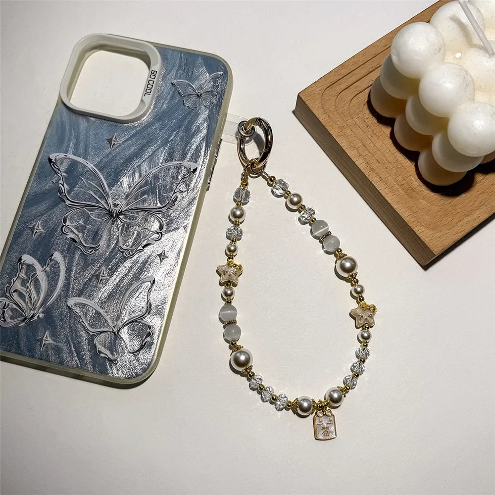 A1195 30cm Phone Lanyard Crystal Pearl Cat Eye Stone Star Beaded Chain Charm Strap with Removable Blank White Card Mobile Accessories - Purple - 3