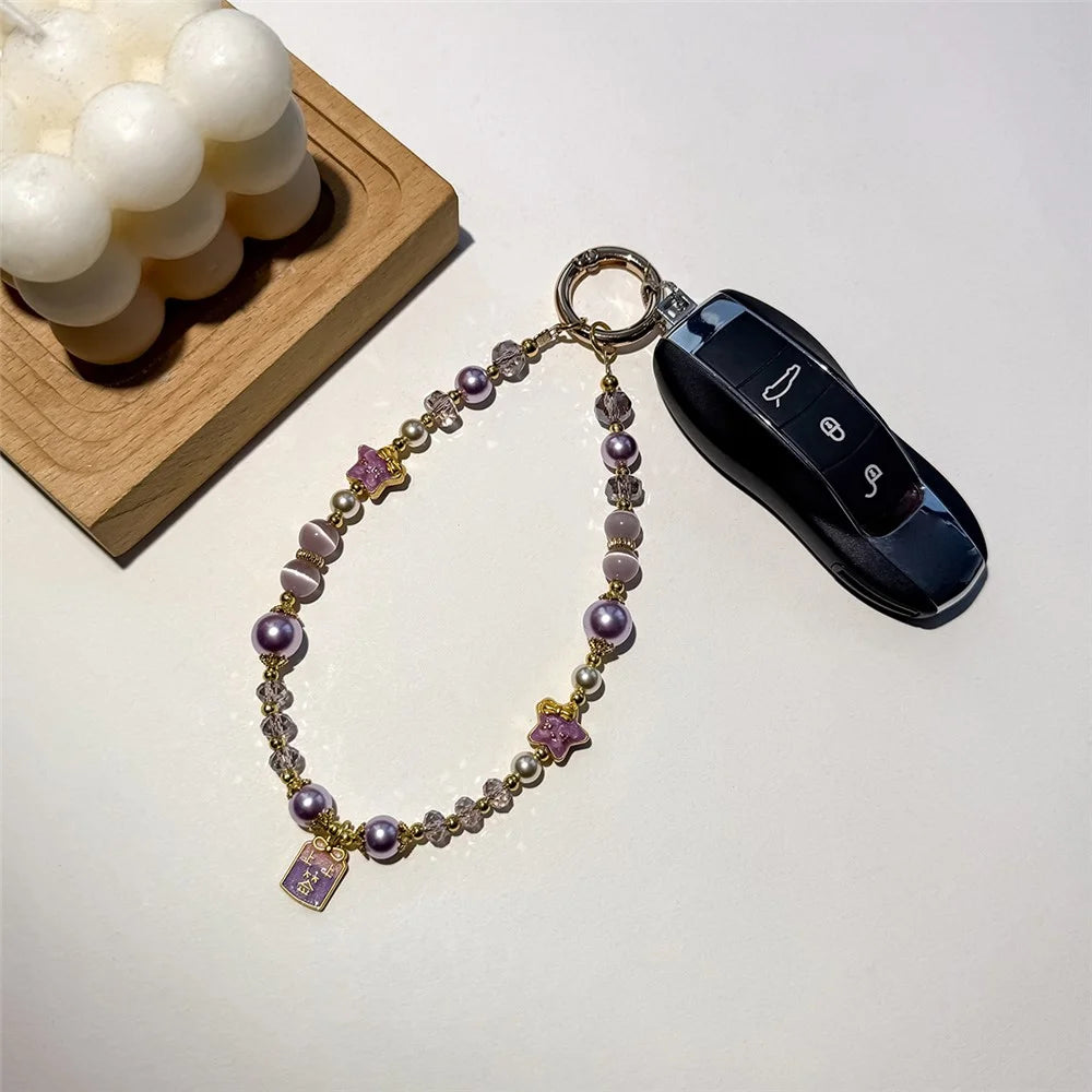 A1195 30cm Phone Lanyard Crystal Pearl Cat Eye Stone Star Beaded Chain Charm Strap with Removable Blank White Card Mobile Accessories - Purple - 4