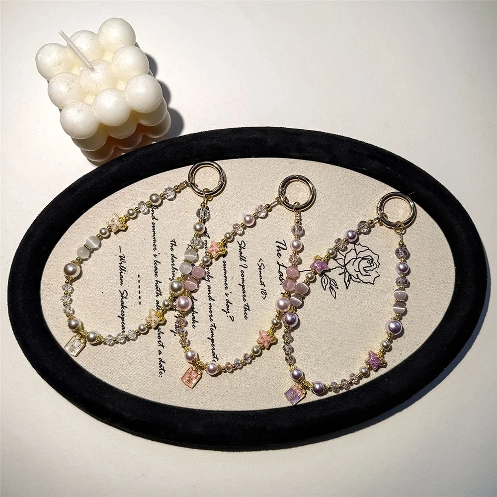 A1195 30cm Phone Lanyard Crystal Pearl Cat Eye Stone Star Beaded Chain Charm Strap with Removable Blank White Card Mobile Accessories - Purple - 5
