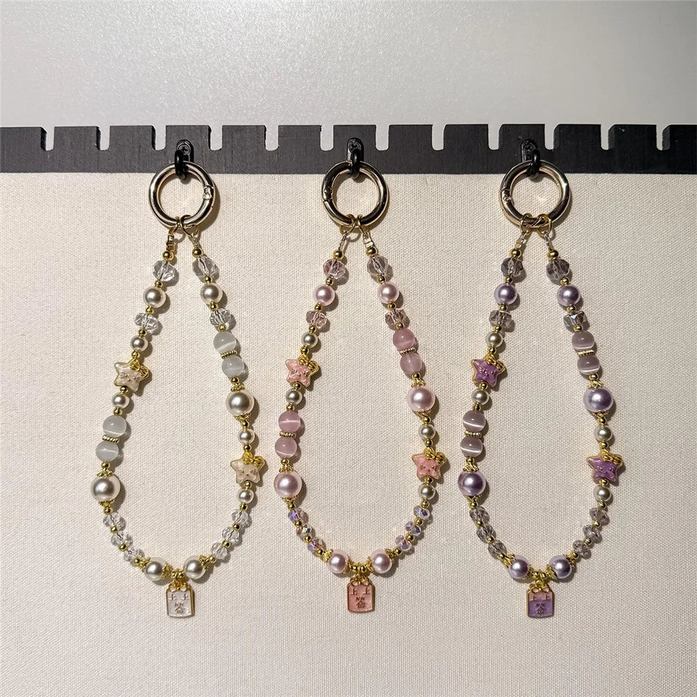 A1195 30cm Phone Lanyard Crystal Pearl Cat Eye Stone Star Beaded Chain Charm Strap with Removable Blank White Card Mobile Accessories - Purple - 6