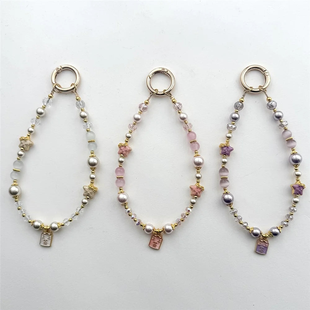 A1195 30cm Phone Lanyard Crystal Pearl Cat Eye Stone Star Beaded Chain Charm Strap with Removable Blank White Card Mobile Accessories - Purple - 7