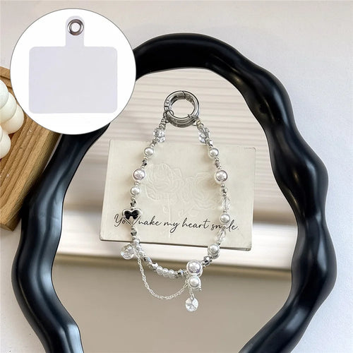 A1197 30cm Pearl & Crystal Charm Strap Heart Pendant Phone Lanyard with Removable Blank White Card for Keychain Mobile Accessories - White - 1