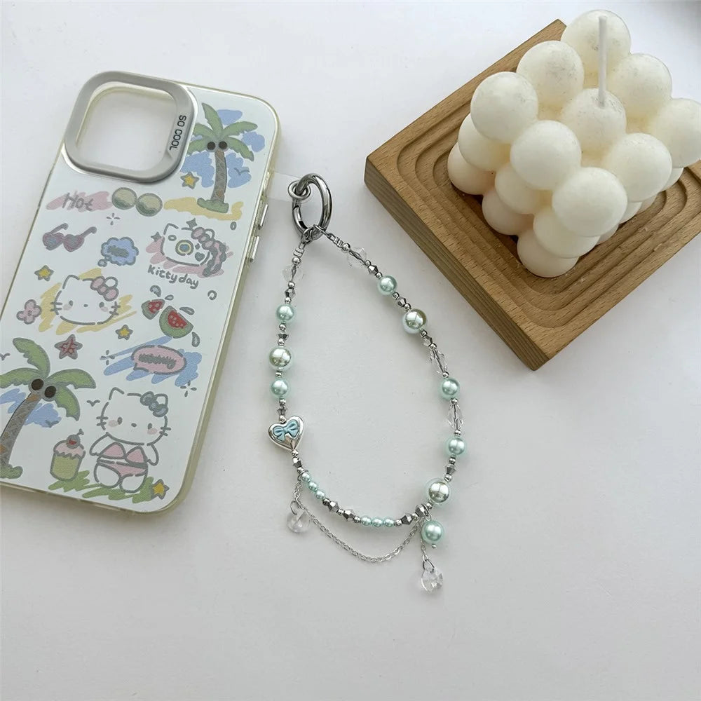 A1197 30cm Pearl & Crystal Charm Strap Heart Pendant Phone Lanyard with Removable Blank White Card for Keychain Mobile Accessories - White - 3
