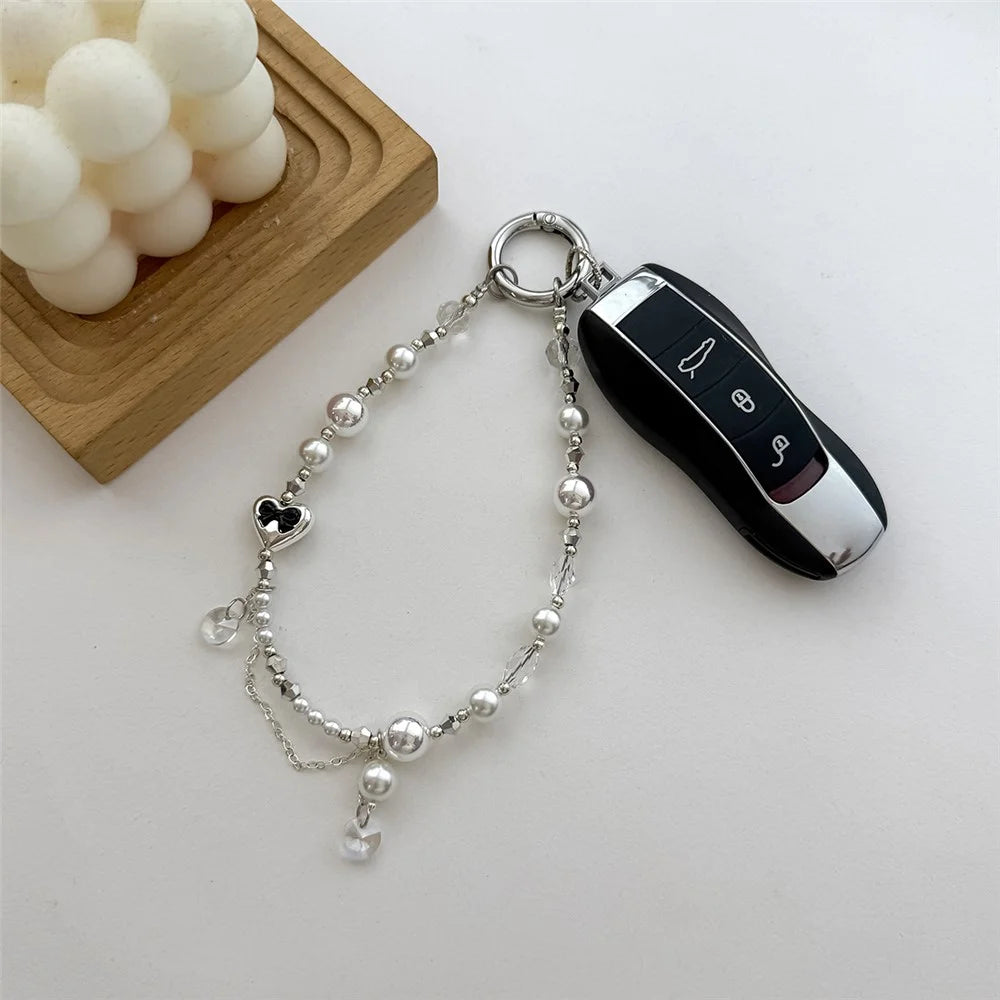 A1197 30cm Pearl & Crystal Charm Strap Heart Pendant Phone Lanyard with Removable Blank White Card for Keychain Mobile Accessories - White - 4