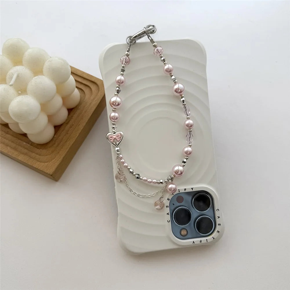 A1197 30cm Pearl & Crystal Charm Strap Heart Pendant Phone Lanyard with Removable Blank White Card for Keychain Mobile Accessories - White - 5