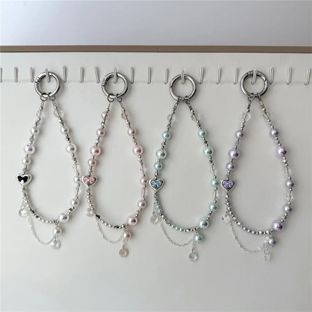 A1197 30cm Pearl & Crystal Charm Strap Heart Pendant Phone Lanyard with Removable Blank White Card for Keychain Mobile Accessories - White - 6