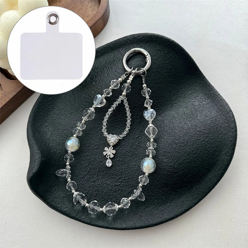 A1198 30cm Crystal Bead Phone Charm Zirconia Heart Bow Keychain Mobile Phone Lanyard Wrist Strap with Removable Blank White Card - Transparent - 1