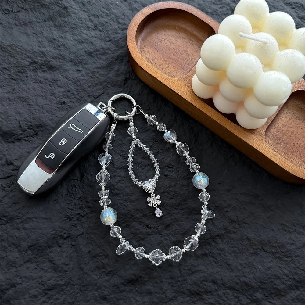 A1198 30cm Crystal Bead Phone Charm Zirconia Heart Bow Keychain Mobile Phone Lanyard Wrist Strap with Removable Blank White Card - Transparent - 2