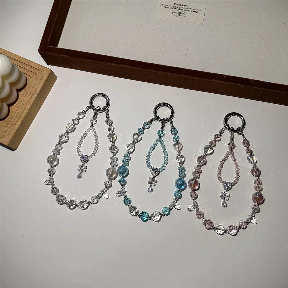 A1198 30cm Crystal Bead Phone Charm Zirconia Heart Bow Keychain Mobile Phone Lanyard Wrist Strap with Removable Blank White Card - Transparent - 3