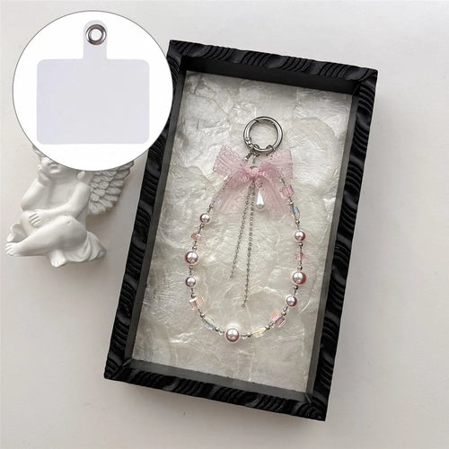 A1199 30cm Pearl Lace Bow Phone Charm Strap Crystal Beaded Mobile Lanyard Keychain Accessories with Removable Blank White Card - Pink - 1