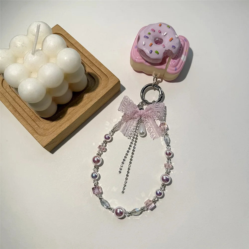 A1199 30cm Pearl Lace Bow Phone Charm Strap Crystal Beaded Mobile Lanyard Keychain Accessories with Removable Blank White Card - Pink - 2