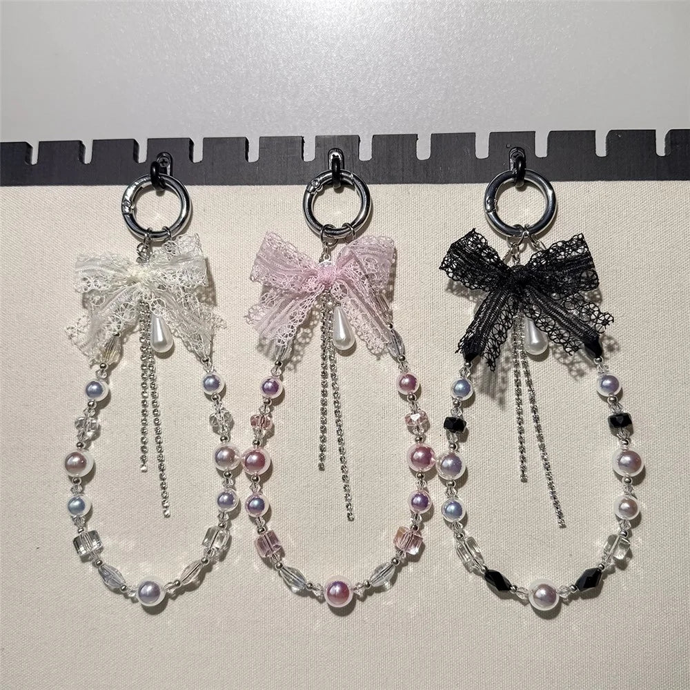 A1199 30cm Pearl Lace Bow Phone Charm Strap Crystal Beaded Mobile Lanyard Keychain Accessories with Removable Blank White Card - Pink - 3