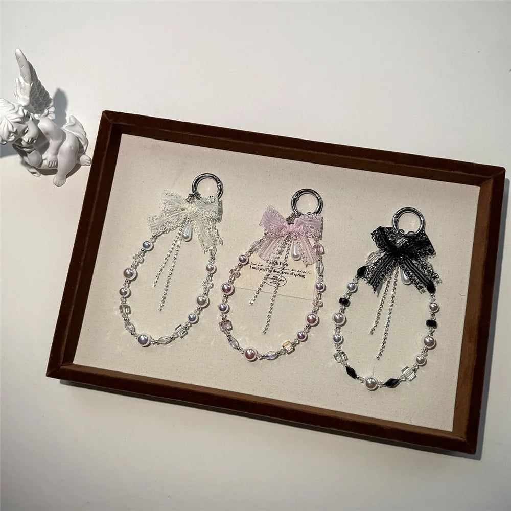 A1199 30cm Pearl Lace Bow Phone Charm Strap Crystal Beaded Mobile Lanyard Keychain Accessories with Removable Blank White Card - Pink - 4