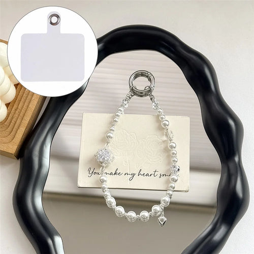 A1200 30cm Zircon Pearl Flower Phone Lanyard Strap Crystal Beads Phone Charm with Removable Blank White Card Decorative Chain Accessory - White - 1