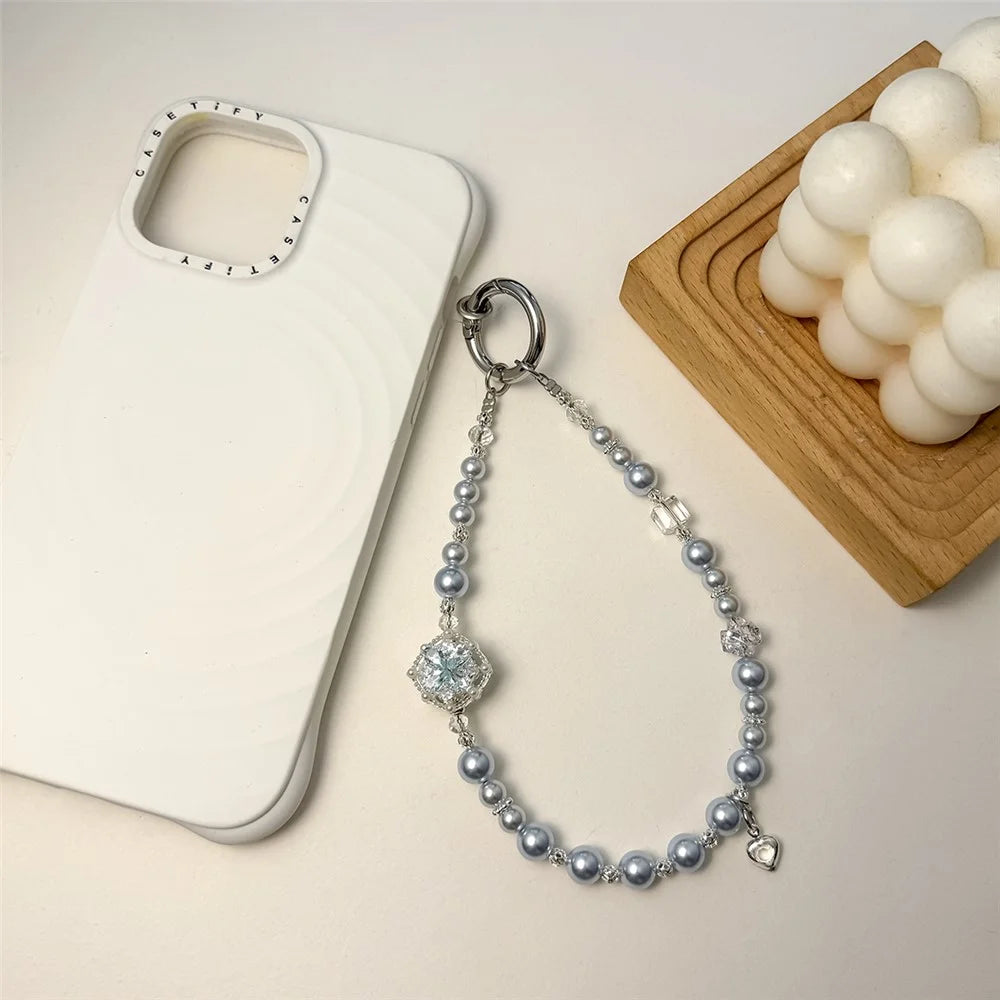 A1200 30cm Zircon Pearl Flower Phone Lanyard Strap Crystal Beads Phone Charm with Removable Blank White Card Decorative Chain Accessory - White - 2