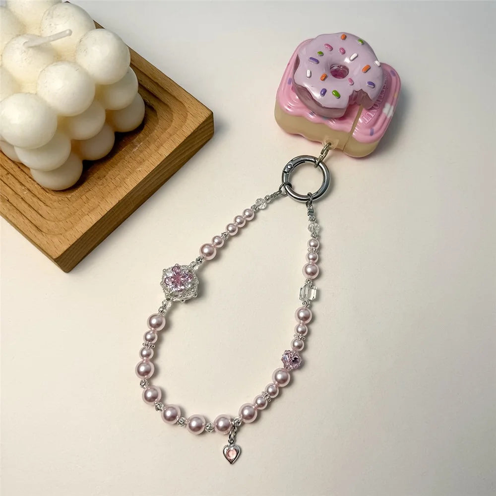 A1200 30cm Zircon Pearl Flower Phone Lanyard Strap Crystal Beads Phone Charm with Removable Blank White Card Decorative Chain Accessory - White - 3
