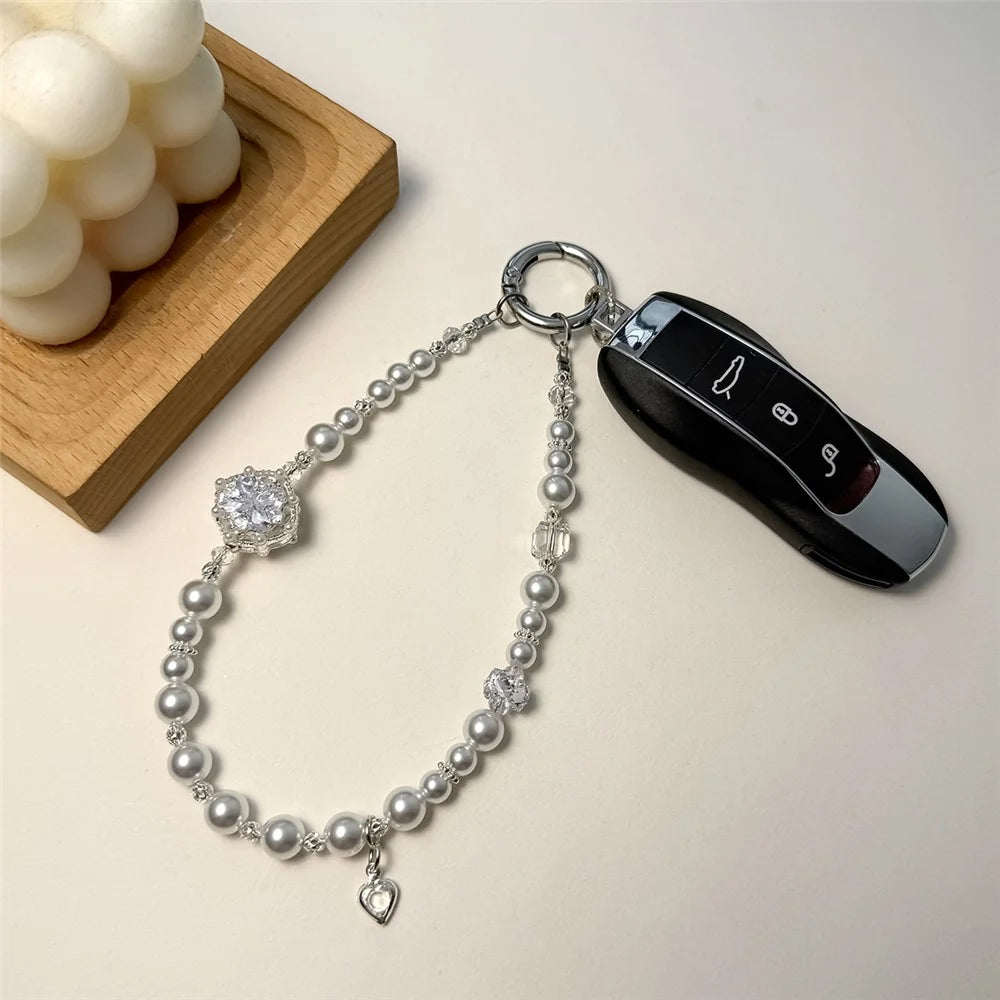 A1200 30cm Zircon Pearl Flower Phone Lanyard Strap Crystal Beads Phone Charm with Removable Blank White Card Decorative Chain Accessory - White - 4