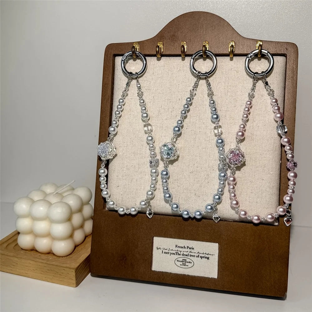 A1200 30cm Zircon Pearl Flower Phone Lanyard Strap Crystal Beads Phone Charm with Removable Blank White Card Decorative Chain Accessory - White - 5