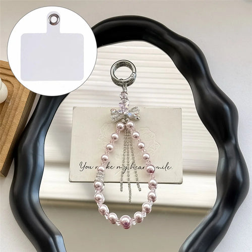 A1201X 30cm Phone Lanyard Pearl Tassel Butterfly Bow Crystal Dangle Phone Charm Wrist Strap with Removable Blank White Card - Pink - 1