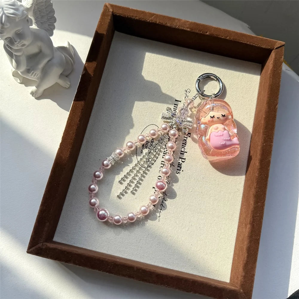 A1201X 30cm Phone Lanyard Pearl Tassel Butterfly Bow Crystal Dangle Phone Charm Wrist Strap with Removable Blank White Card - Pink - 2