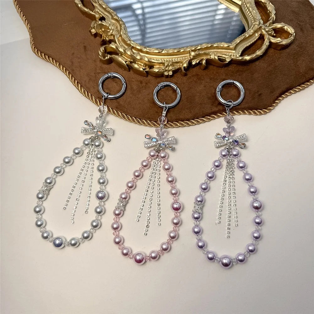 A1201X 30cm Phone Lanyard Pearl Tassel Butterfly Bow Crystal Dangle Phone Charm Wrist Strap with Removable Blank White Card - Pink - 3