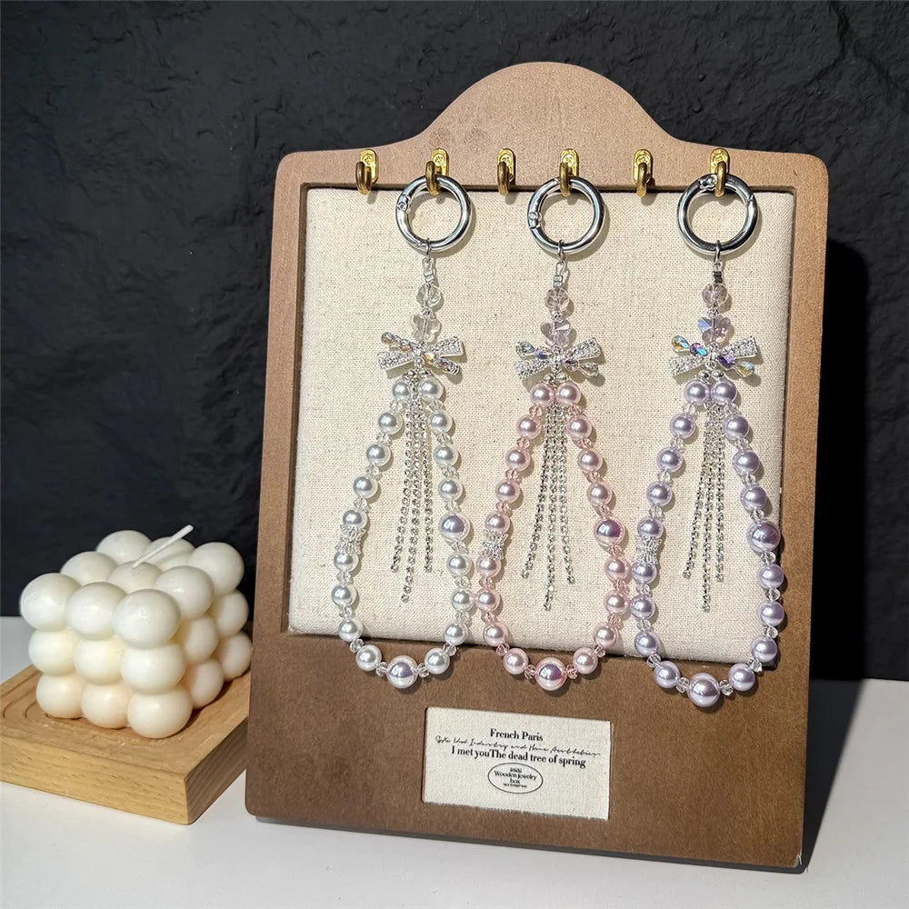 A1201X 30cm Phone Lanyard Pearl Tassel Butterfly Bow Crystal Dangle Phone Charm Wrist Strap with Removable Blank White Card - Pink - 4