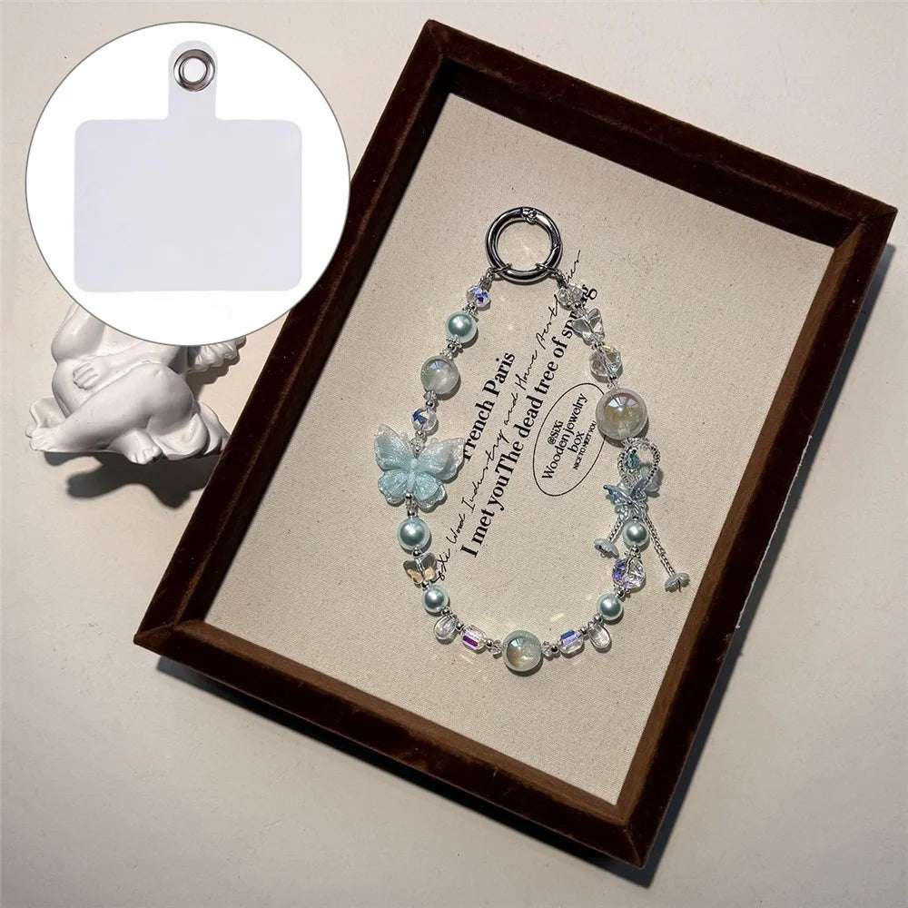 A1203 30cm Phone Strap Butterfly Charm Chain Double Color Crystal Beaded Mobile Lanyard with Removable Blank White Card - Blue - 1