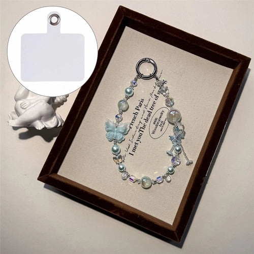 A1203 30cm Phone Strap Butterfly Charm Chain Double Color Crystal Beaded Mobile Lanyard with Removable Blank White Card - Blue - 1