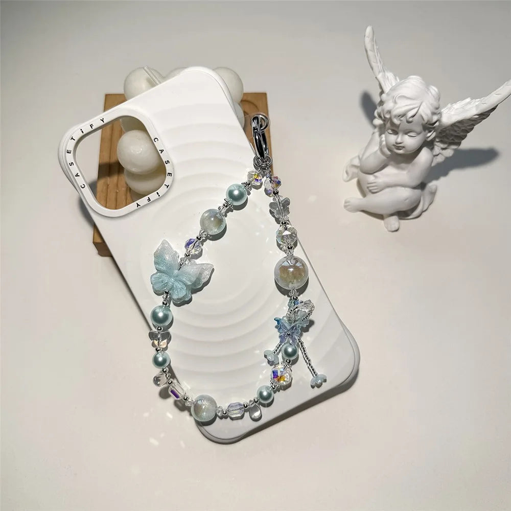 A1203 30cm Phone Strap Butterfly Charm Chain Double Color Crystal Beaded Mobile Lanyard with Removable Blank White Card - Blue - 2
