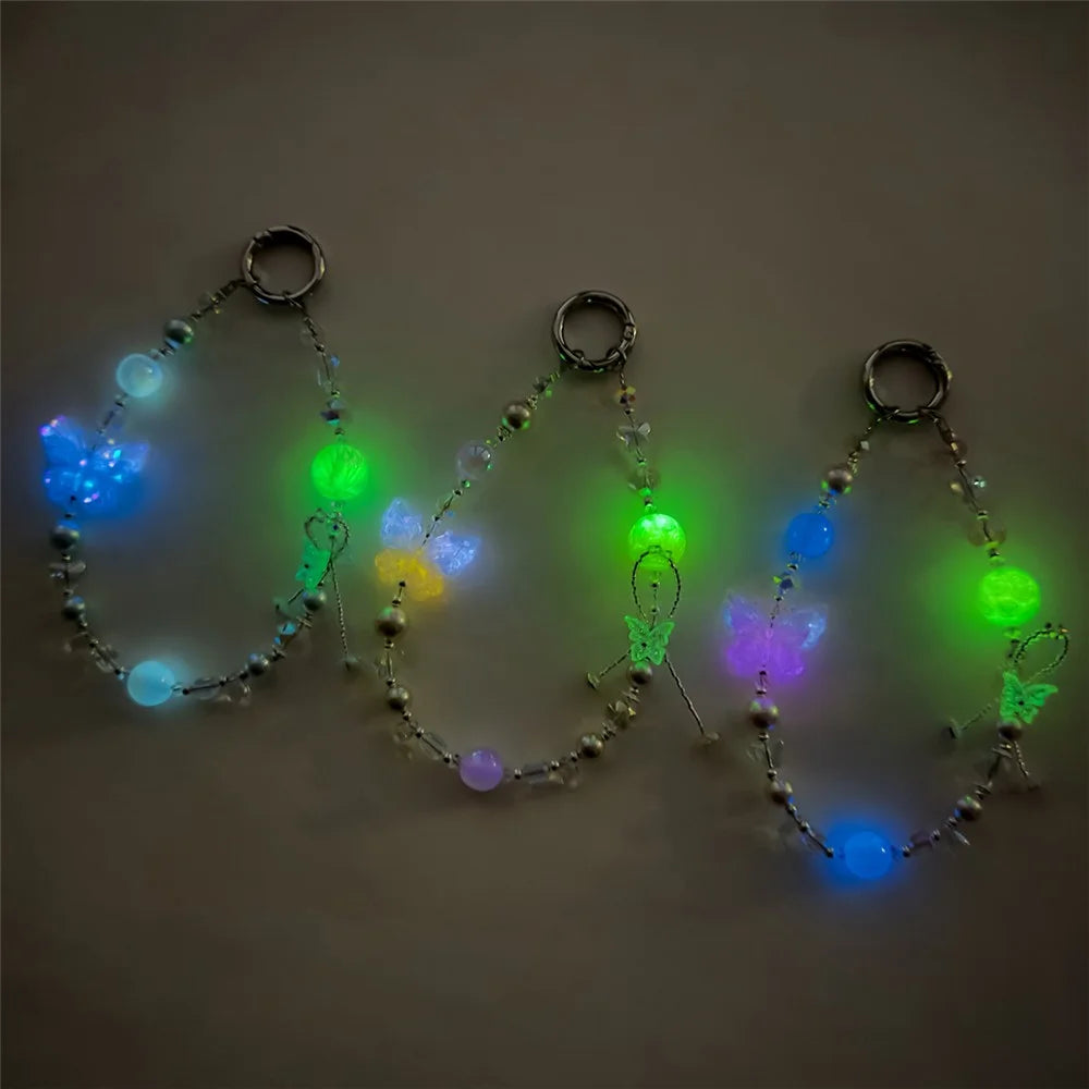 A1203 30cm Phone Strap Butterfly Charm Chain Double Color Crystal Beaded Mobile Lanyard with Removable Blank White Card - Blue - 3