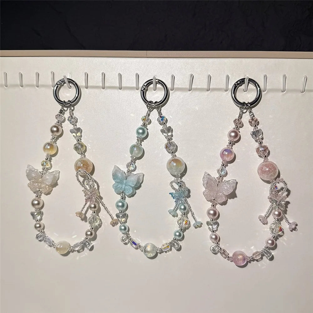 A1203 30cm Phone Strap Butterfly Charm Chain Double Color Crystal Beaded Mobile Lanyard with Removable Blank White Card - Blue - 4