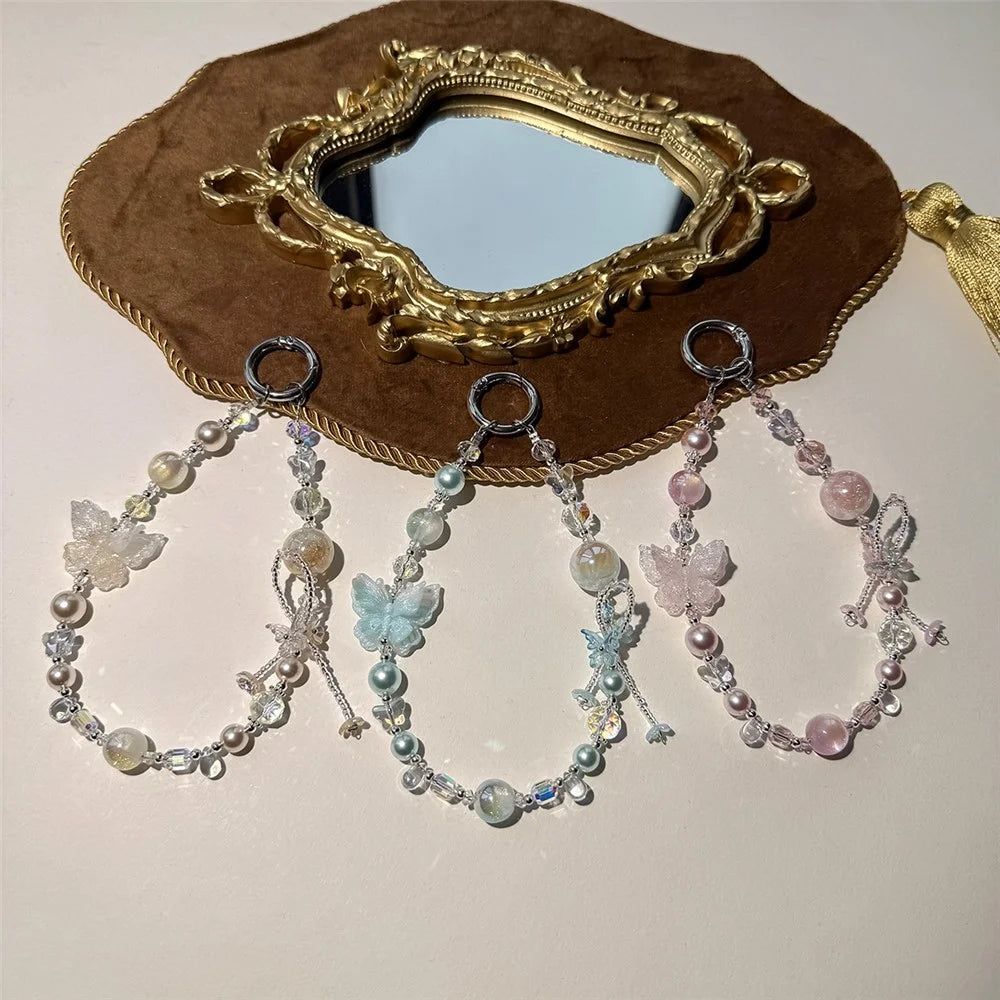 A1203 30cm Phone Strap Butterfly Charm Chain Double Color Crystal Beaded Mobile Lanyard with Removable Blank White Card - Blue - 5
