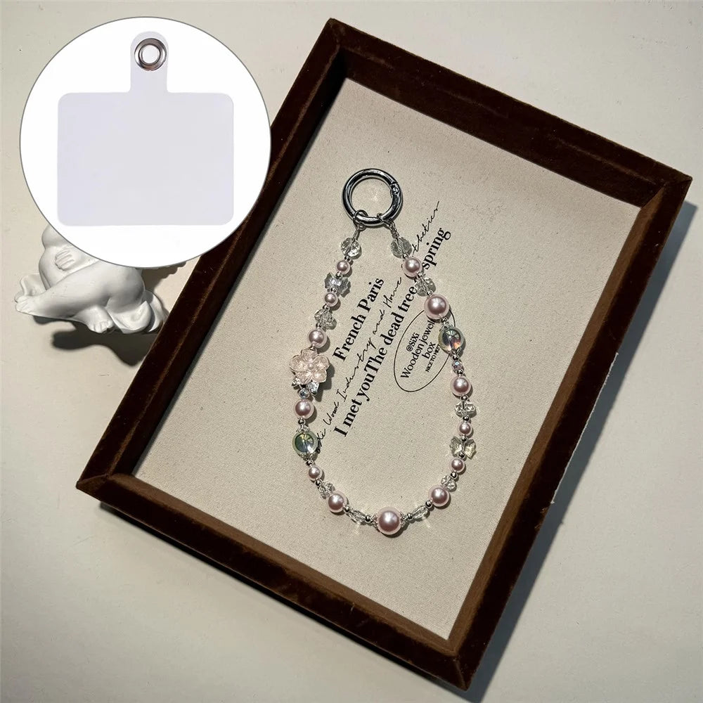 A1204 30cm Pearl Crystal Phone Lanyard Camellia Flower Charm Mobile Phone Strap with Removable Blank White Card - Pink - 1