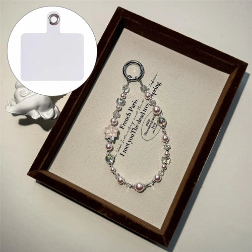 A1204 30cm Pearl Crystal Phone Lanyard Camellia Flower Charm Mobile Phone Strap with Removable Blank White Card - Pink - 1