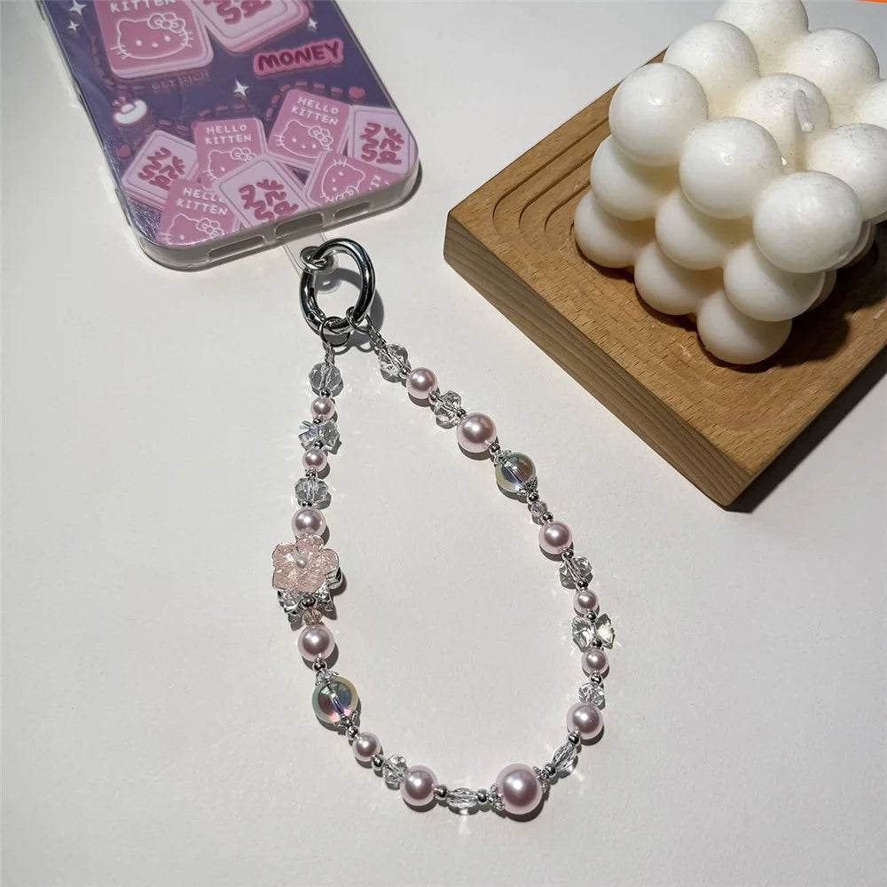 A1204 30cm Pearl Crystal Phone Lanyard Camellia Flower Charm Mobile Phone Strap with Removable Blank White Card - Pink - 2
