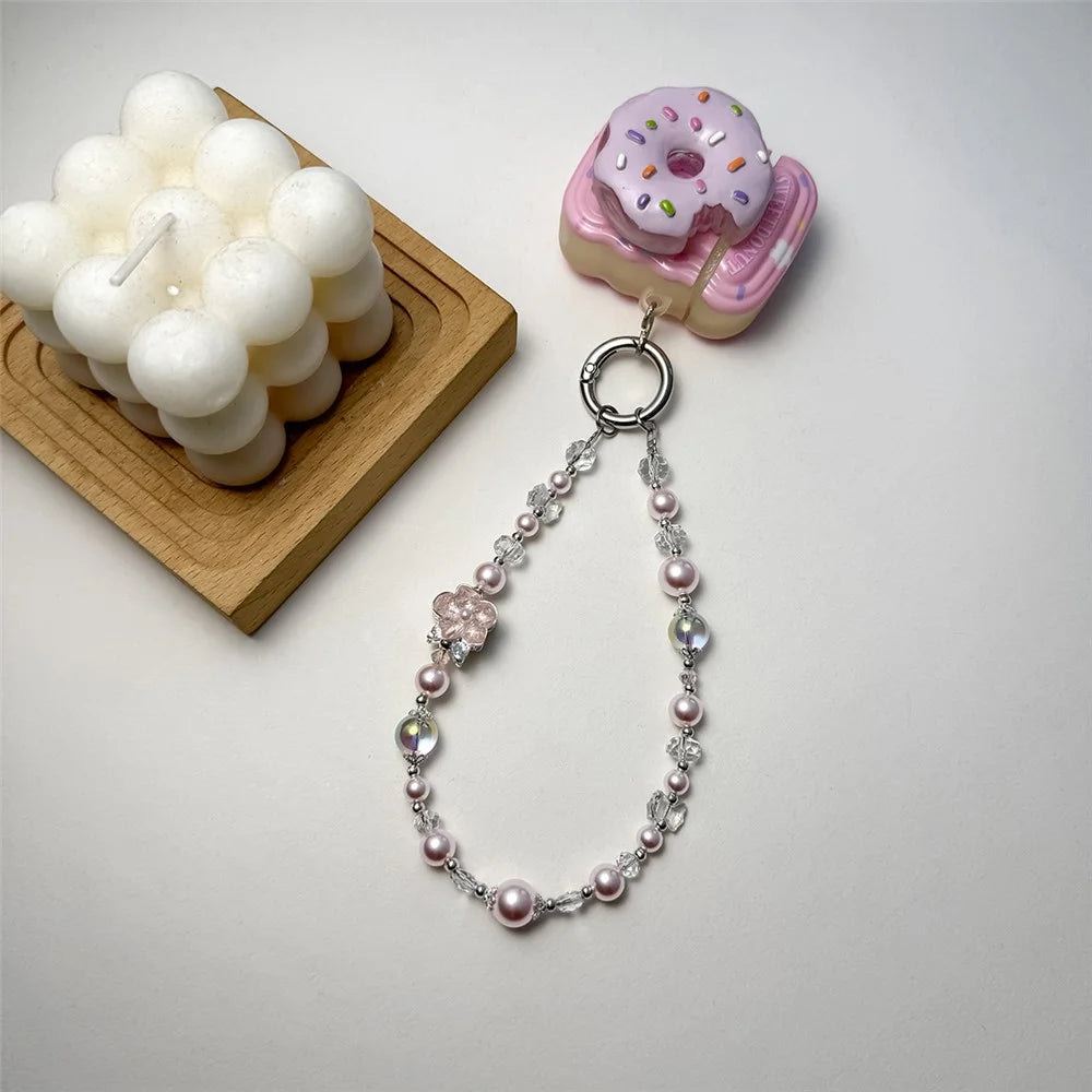 A1204 30cm Pearl Crystal Phone Lanyard Camellia Flower Charm Mobile Phone Strap with Removable Blank White Card - Pink - 3