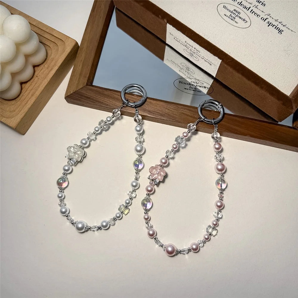 A1204 30cm Pearl Crystal Phone Lanyard Camellia Flower Charm Mobile Phone Strap with Removable Blank White Card - Pink - 4