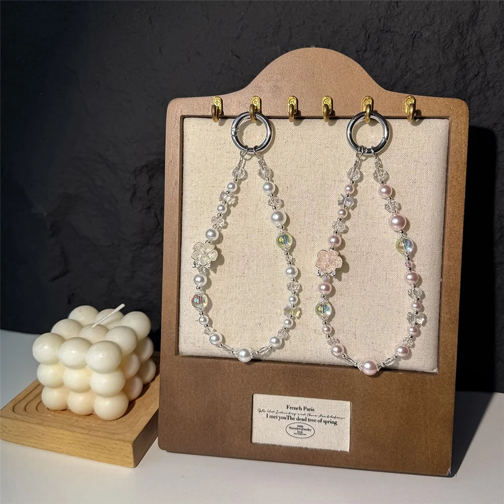 A1204 30cm Pearl Crystal Phone Lanyard Camellia Flower Charm Mobile Phone Strap with Removable Blank White Card - Pink - 5